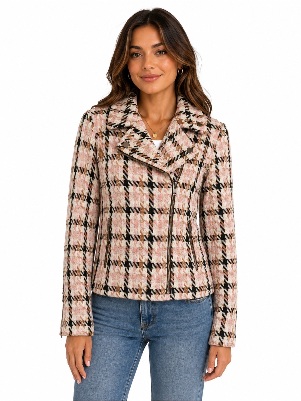 Fate Pink & Black Plaid Tweed Bomber Jacket - Picture 5 of 5
